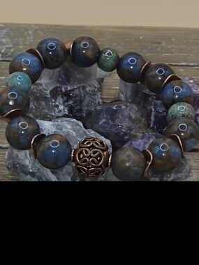 Teal Impression Jasper, Raku and Copper Beaded Bracelet